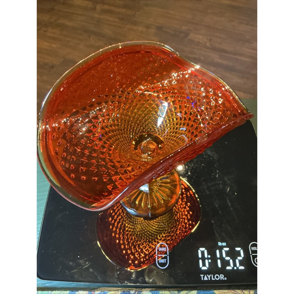 Vintage Jeannette Amberina Glass Pedestal‎ Candy Dish Diamond Point Red Orange